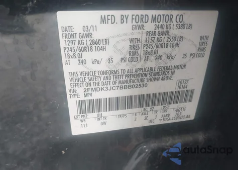 2011 Ford Edge Sel z USA, uszkodzony, nr VIN 2FMDK3JC7BBB02530